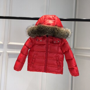 23 new children's down jacket boys' large fur collar silver fox fur short down women's baby thickened warm goose down jacket