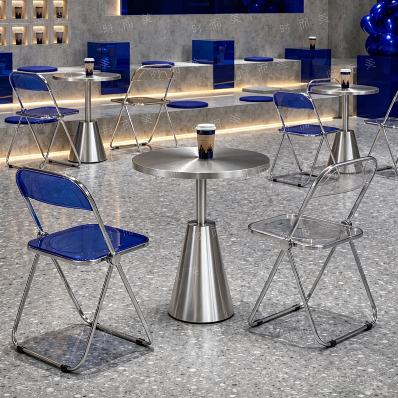 Industrial style coffee shop milk tea shop stainless steel table and chair combination net red dessert snack shop transparent folding chair commercial