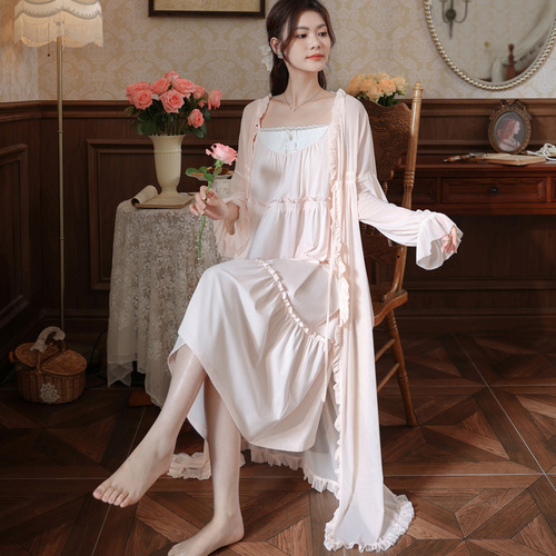 Women's Fall Pajama Set with Long Sleeve Robe, Braided Strap Dress, Court Style Sleepwear, French Net Gown, Wearable Homecoming Set