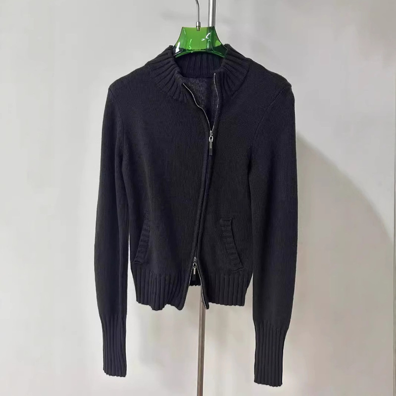 Niche Design Fencing Sweater Slant Front Double Zip Wool Knitted Slim-fit Cardigan Women's Slant-pull