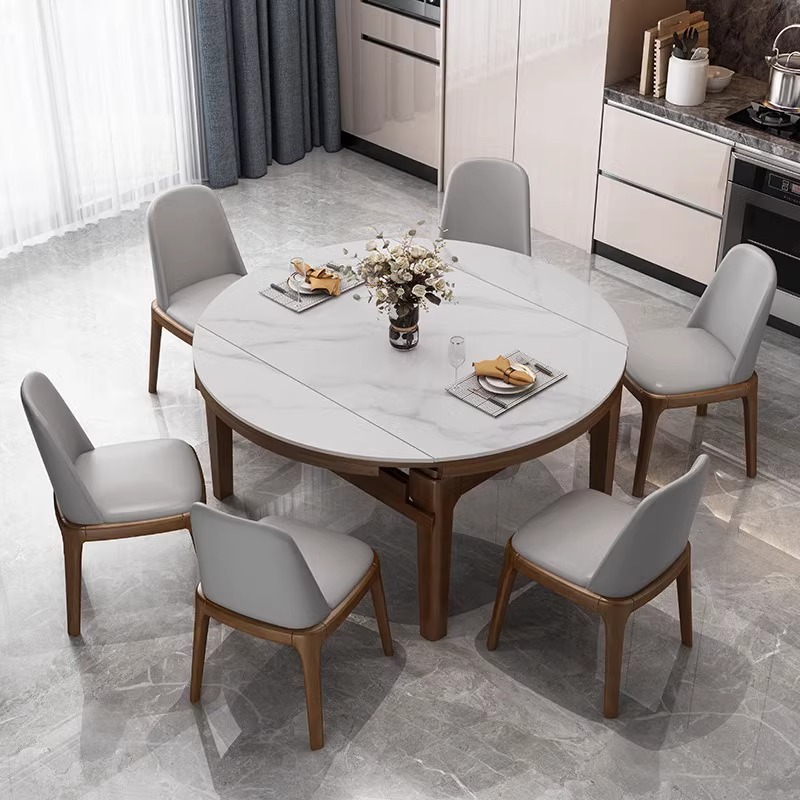 亮光岩板餐桌椅组合现代简约家用小户型伸缩折叠方圆两用实木新品