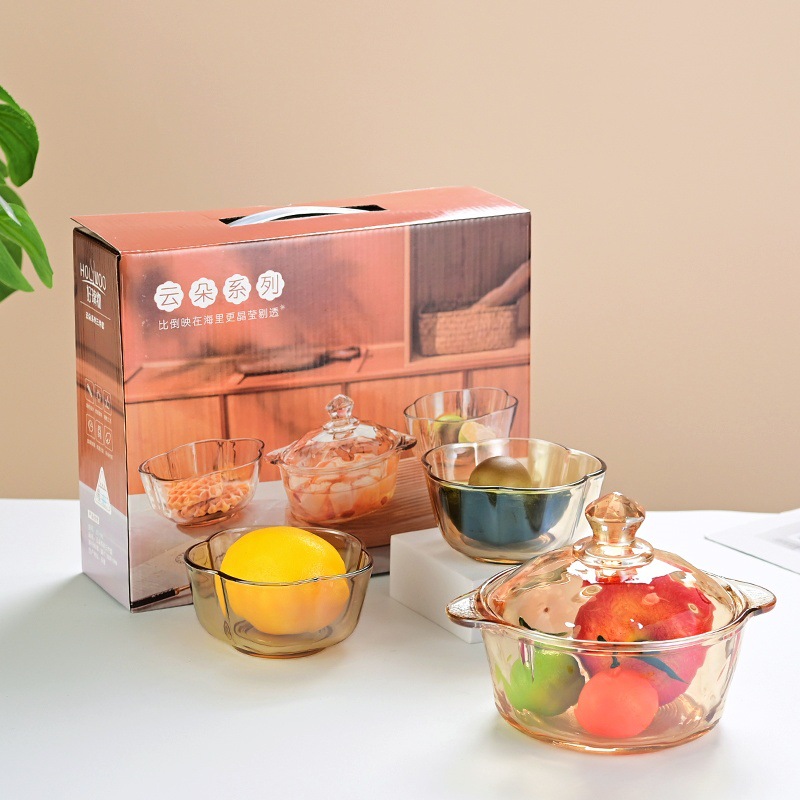 Cuenco de cristal con tapa para cocina, frutero doméstico, alto valor estético, color té simple, venta al por mayor de fábrica, cuenco de cristal en stock.