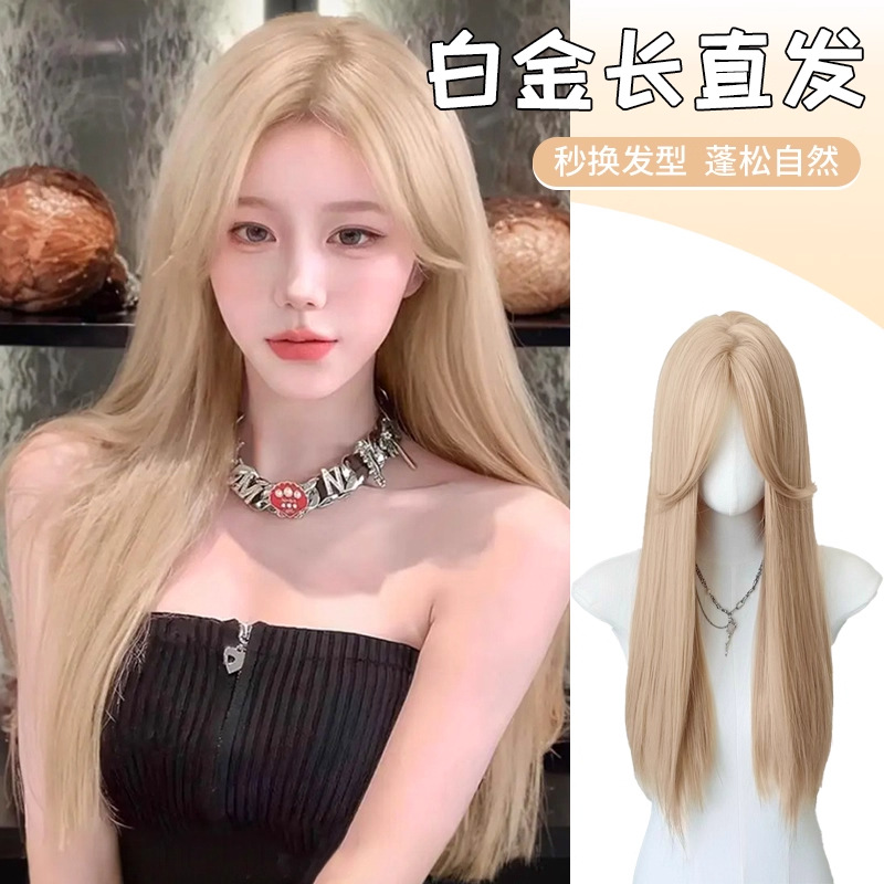 Pelucca de oro blanco mujer cabeza completa rosa cabello largo con cabello recto de cabello humano simulado cabello cos pelucca