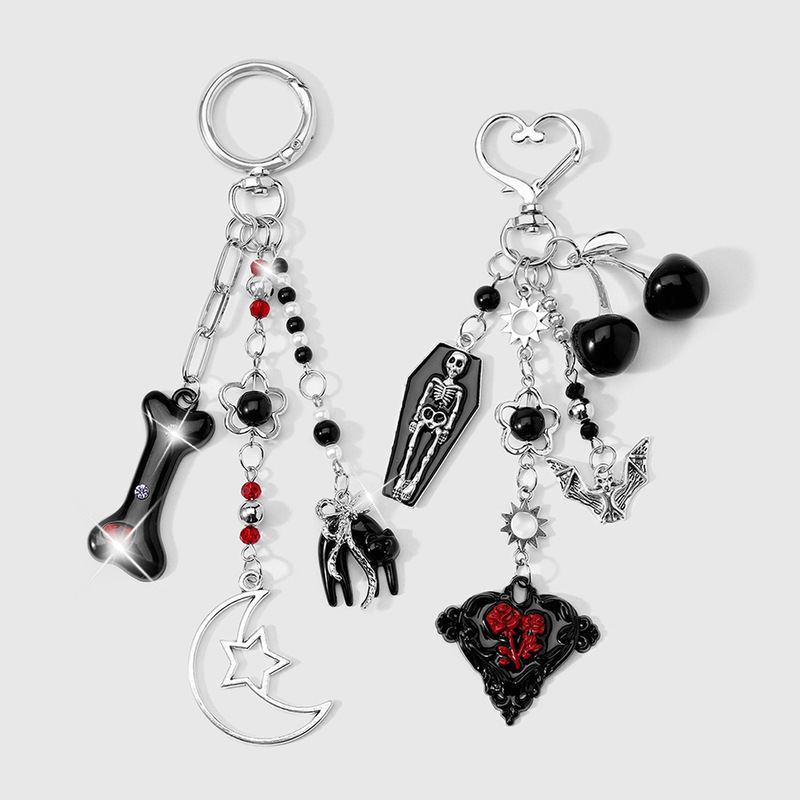 Dark Gothic Style Personalized Black Cherry Coffin Skull Bone Moon Rose Heart Keychain Bag Pendant Dark Gothic Style Personalized Black Cherry Coffin Skull Bone Moon Rose Heart Keychain Bag Pendant