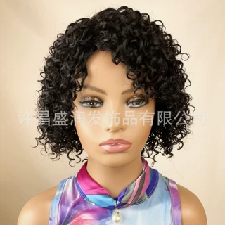 外贸非洲小卷偏分假发欧美女士黑色短款真发假发头套wig厂家批发