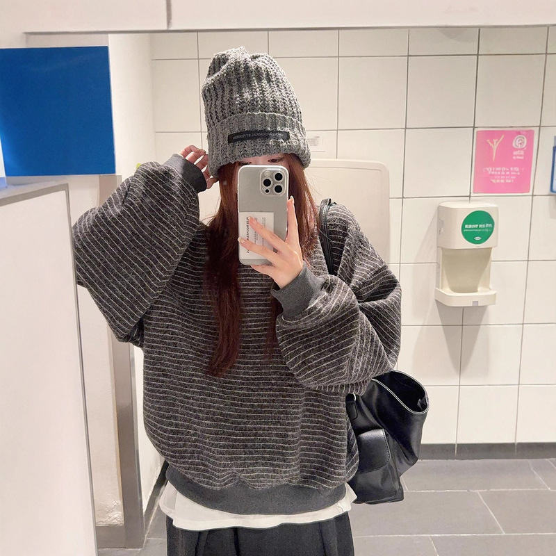 亚马逊跨境设计感圆领条纹长袖套头卫衣女秋百搭宽松显瘦休闲上衣|undefined