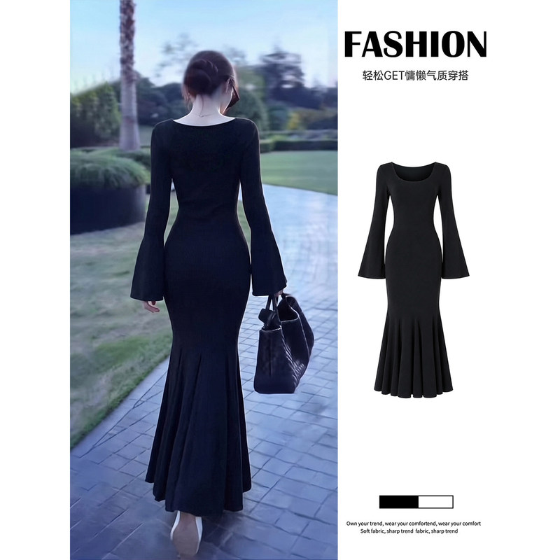 Black elegant mature lady style long dress for women, autumn season, fishtail skirt, long sleeve, slim fit, bodycon dress Black elegant mature lady style long dress for women, autumn season, fishtail skirt, long sleeve, slim fit, bodycon dress