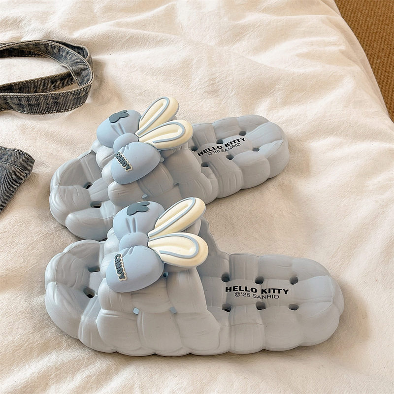 Bathroom Hollow-Out Slippers for Women, Summer Cute Bowknot Bunny Ears Home Bath Non-Slip Quick-Dry Water-Draining Slippers