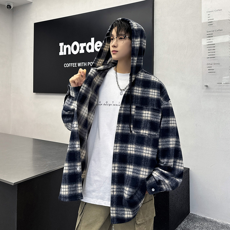 2025 Hong Kong Style New Men's Plaid Hooded Shirt Jacket Trendy Brand Fashion Lazy Style Casual Long-Sleeved Shirt for Men