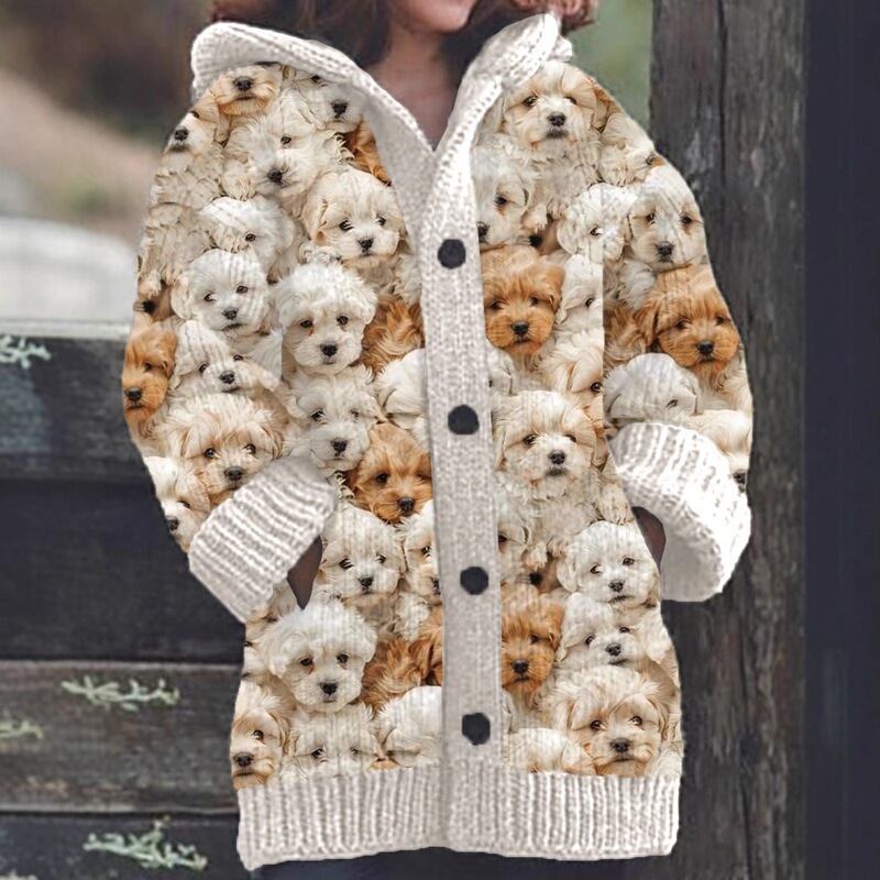 2026 Cross-Border Amazon Winter New Women's Floral Puppy Knit Print Hooded Button-Up Faux Sweater