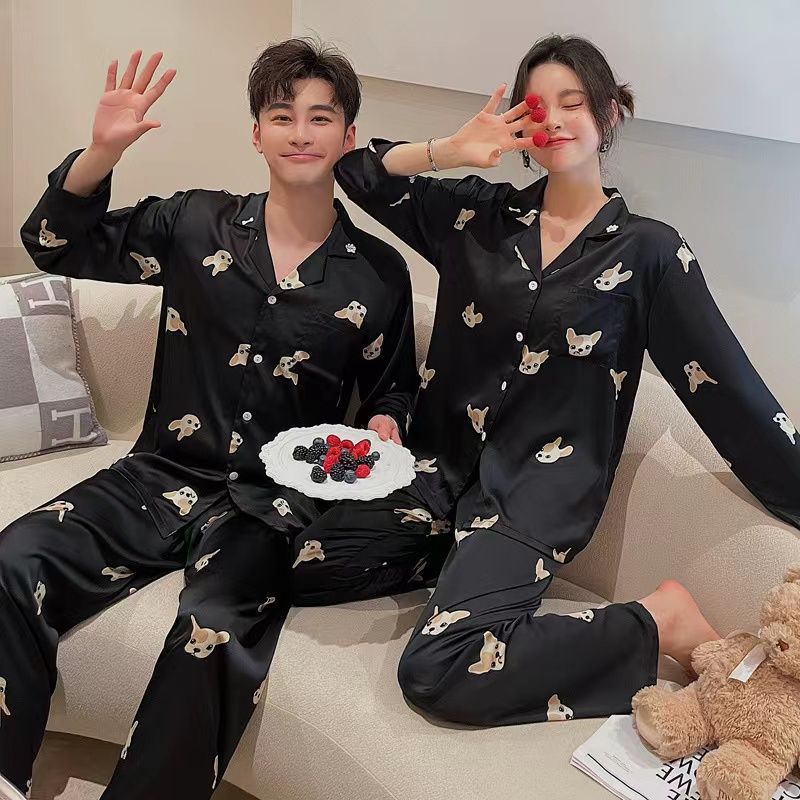 Pajamas de pareja primavera y otoño de mujeres de manga larga seda delgada japonesa inns perrito hombre imitación de seda ropa para el hogar verano
