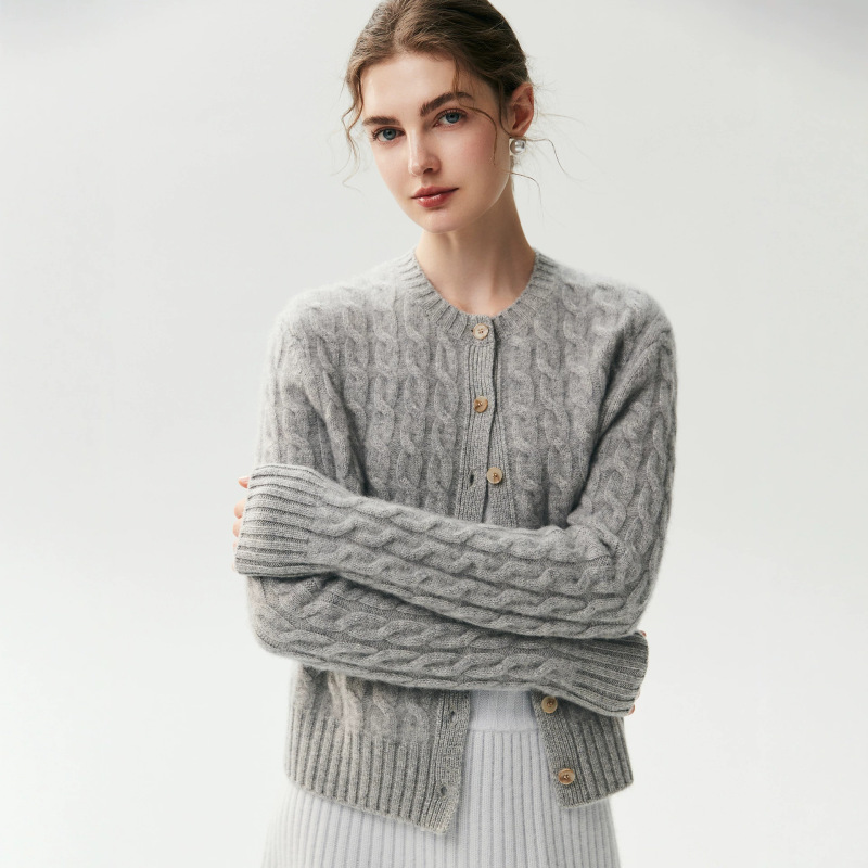 COS-style, four-ply thickened cashmere knit cardigan, new women’s style, thickened round-neck cable-knit sweater, warm outerwear