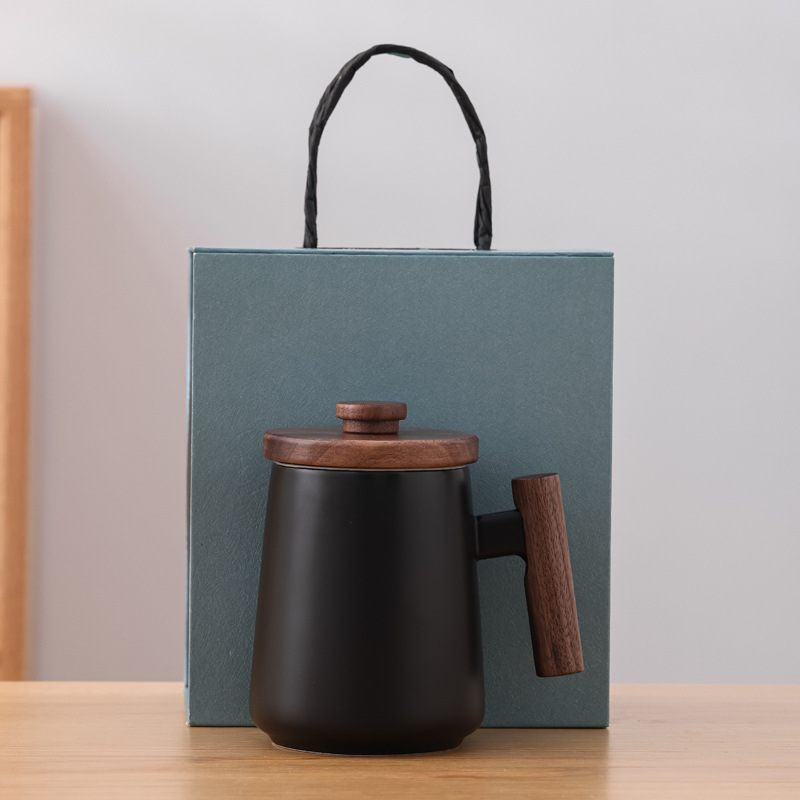 Mango de madera taza de cerámica taza de café taza de agua taza con cubierta de acero inoxidable logos grabados