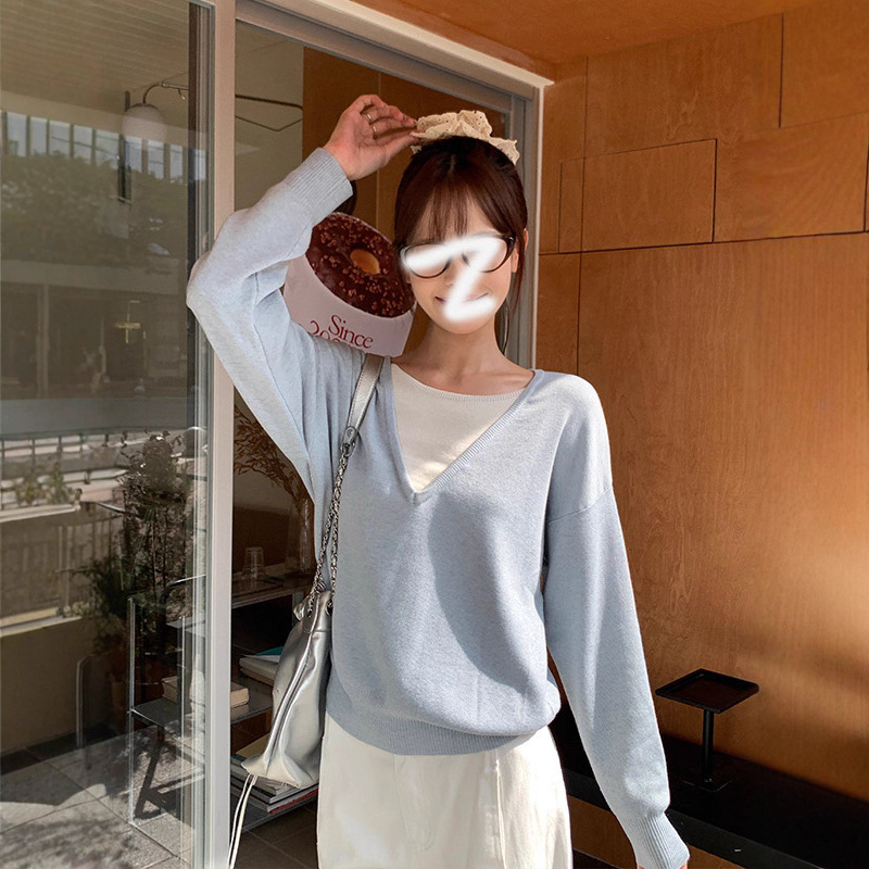 藏蓝假两件针织衫女秋冬季新款宽松高级慵懒风韩系毛衣长袖上衣|undefined