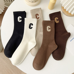 襪子女春夏季薄款透氣女中筒襪刺繡字母運動款四季百搭秋棉襪批發