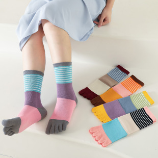 New autumn and winter women's cotton high-top five-finger socks color matching striped cotton comfortable supply long-term stable supply