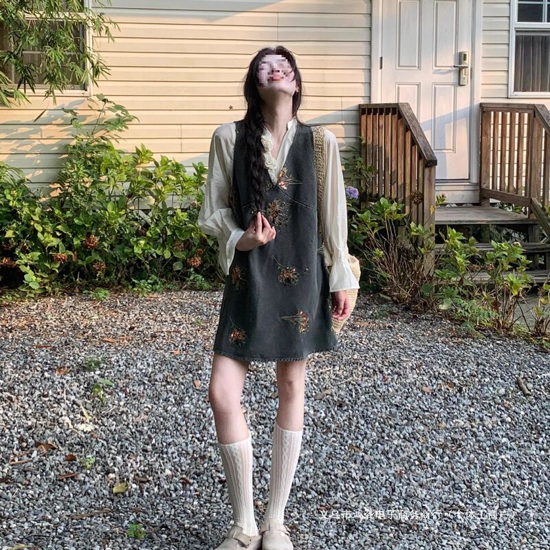 Cross-Border French Heavy Sequin Embroidery V-Neck Denim Vest Dress for Women, Spring and Autumn Layering, Petite Loose A-Line