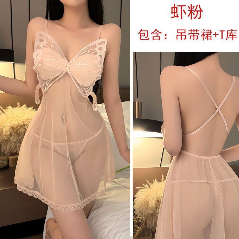 Women’s Lace Mesh Roleplay Lingerie Set with Thong, Shrimp Pink, One Size — detail image 7