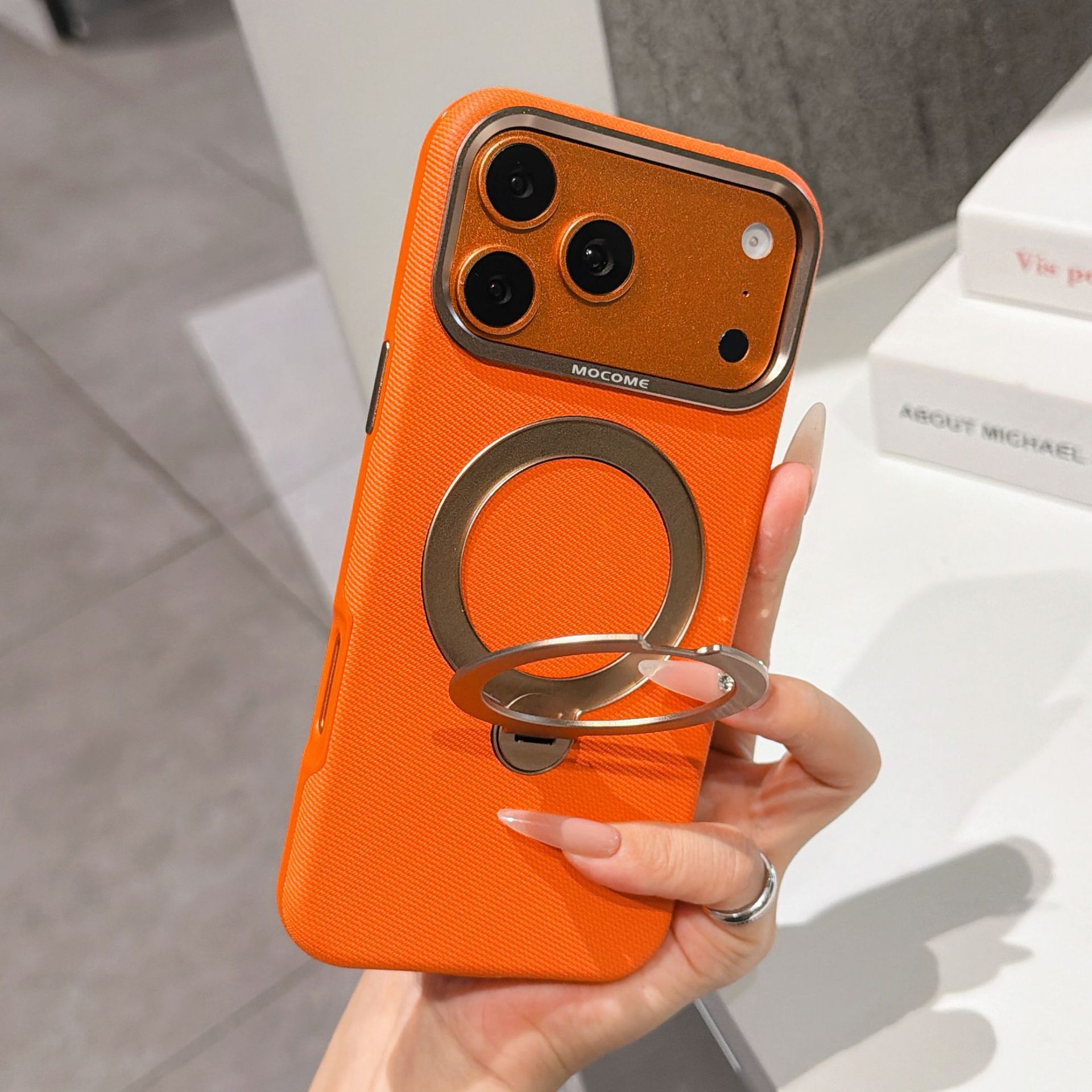 Ốp lưng da iPhone 16/17 Pro Max có vòng xoay 360 độ, nam châm hút, chống sốc viền dày — Đen, Nâu, Tím, Xanh dương chi tiết 3