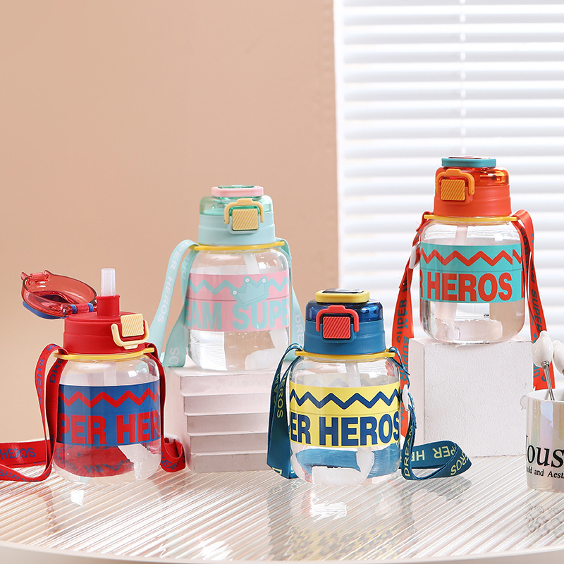 Cup Chuang Summer Cartoon Children's Drinking Bottle Plastic Student Strap Water Cup High-Value Portable Large Belly Cup with Straw