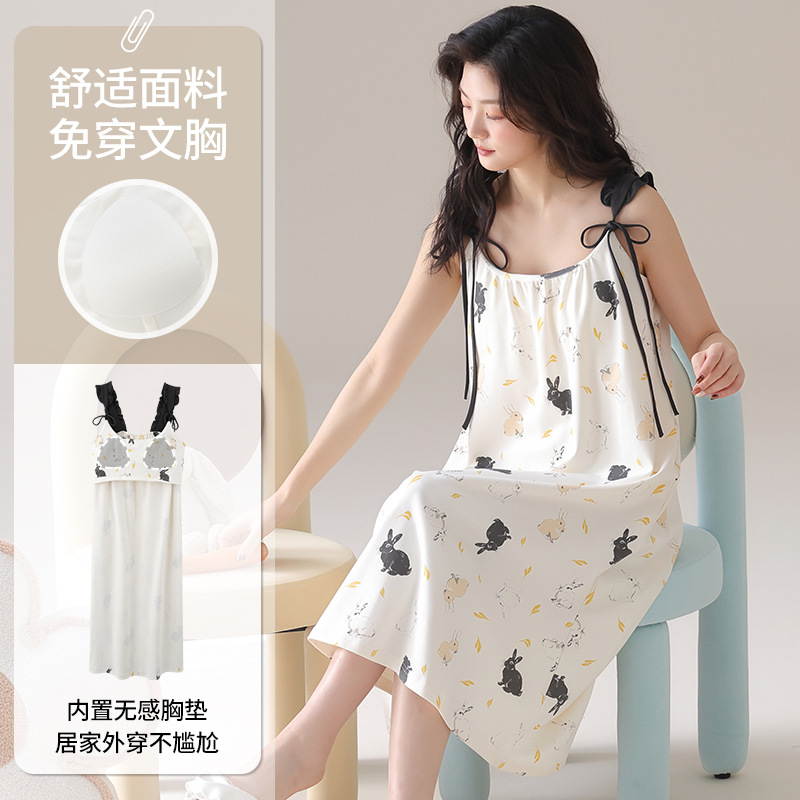 Wear-Free Bra with Chest Pad Nightdress Women's Sling Long Dress Cotton Cool Thin Wearable Outer Nightdress for Girls