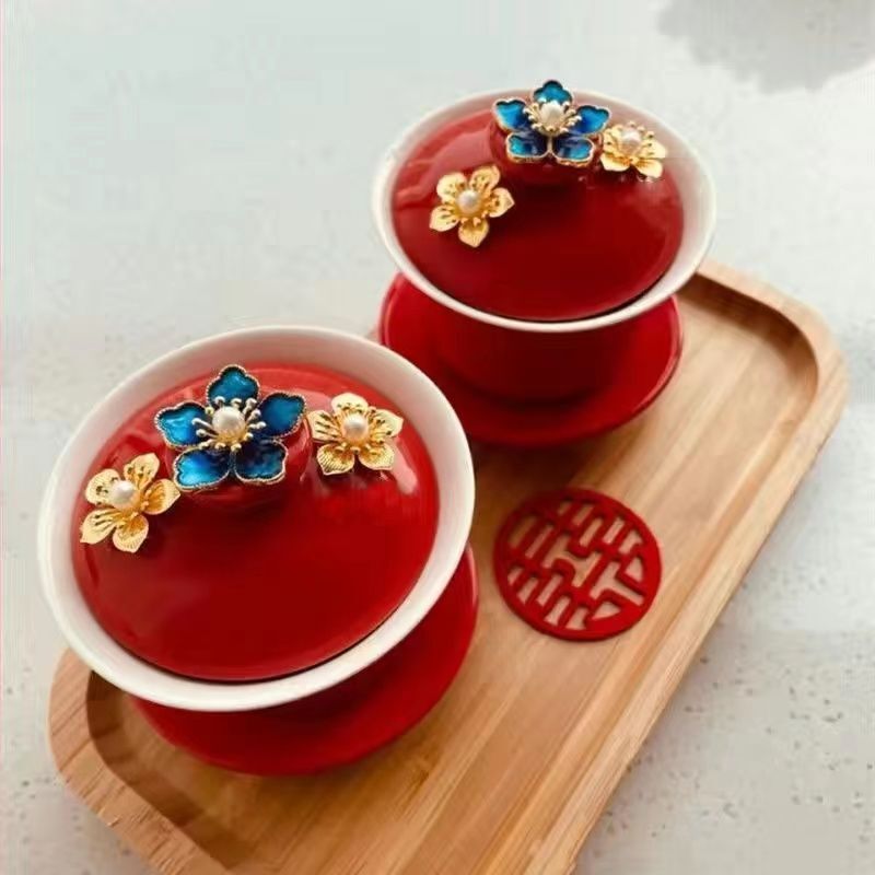 喜結連理敬茶杯結婚祝い用品持参対杯diy手作り装飾陶磁器蓋結婚祝い用品大全|undefined
