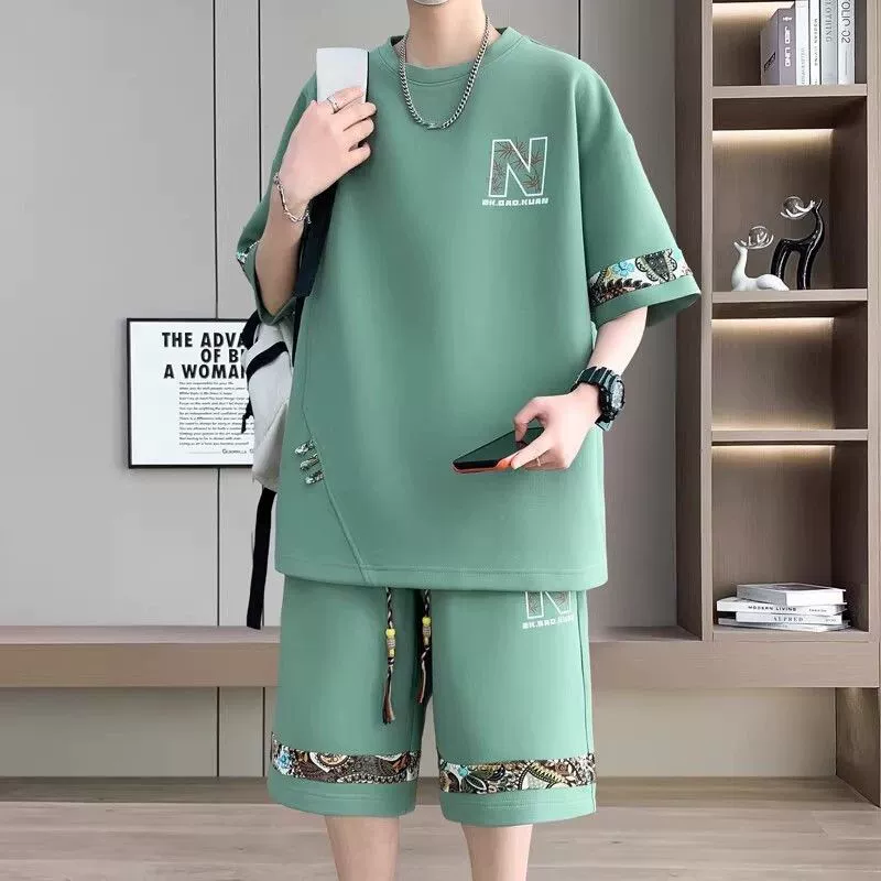 Мужской летний костюм 2025 года в китайском стиле, модный комплект из рубашки с круглым вырезом и шорт, короткий рукав, два предмета