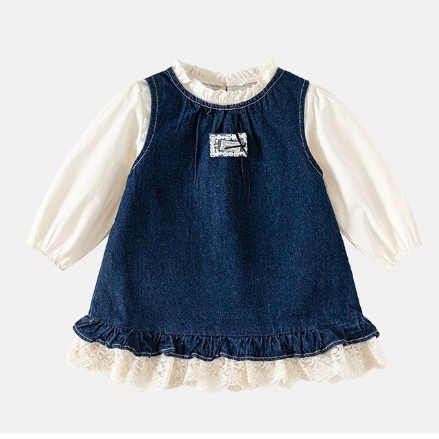 Dark White Girls' Denim Dress Autumn 2025 New Style Children's Princess Dress Stylish Little Girl Baby Shirt Two-Piece Set
