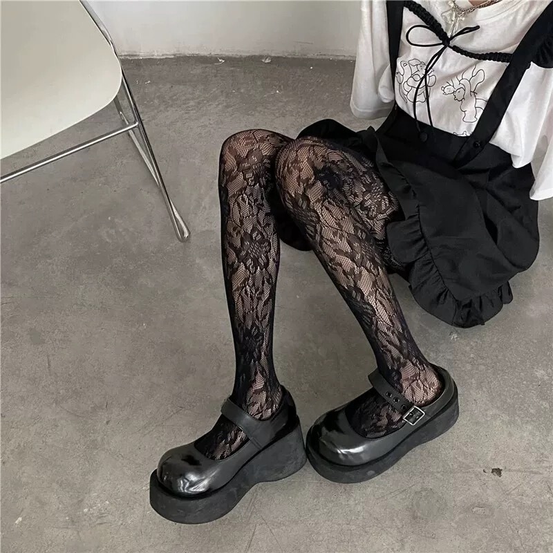 Sexy Vintage Lace Net Stockings Sexy Hollow Flower Weaving Flower Thin Dark Pure White Pantyhose