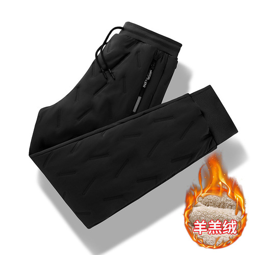 Winter lined thick windproof waterproof men's casual outdoor classic simple warm lambskin pants