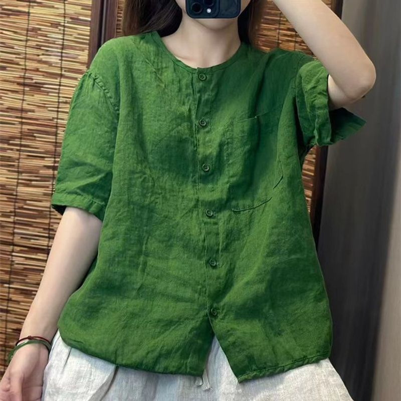 2025 Cotton Linen Short-sleeved Round Neck Shirt Women's Summer New Retro Artistic Loose All-match Age-reducing Cardigan Top