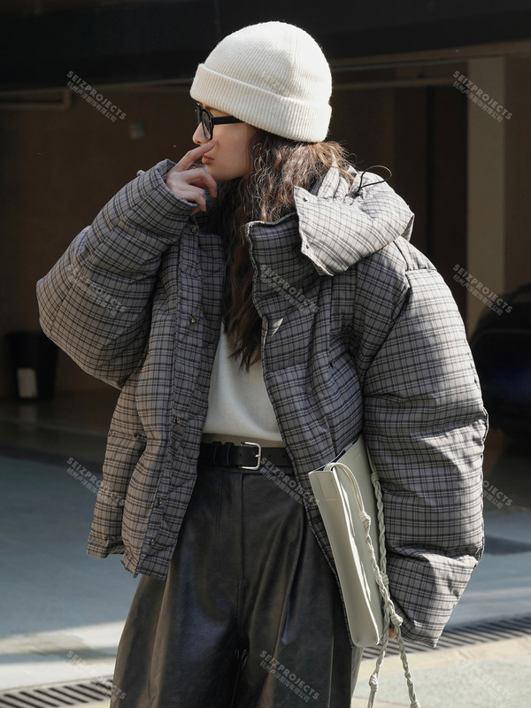 "Private" winter new Korean style design sense check detachable hat down jacket warm coat women
