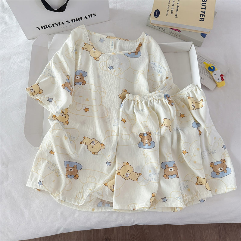 Transfronterizo al por mayor pijamas de algodón nubes de dibujos animados ropa de casa de mujer chaqueta manga corta pantalones cortos set set de cuello redondo set de dos piezas