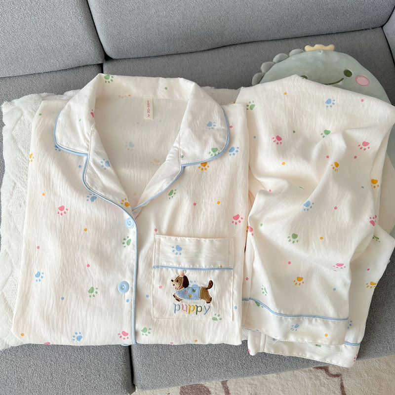 Cute puppy cloud pattern pure cotton gauze pajamas for women, spring, autumn, summer long-sleeve student girl home wear set, suitable for outerwear Cute puppy cloud pattern pure cotton gauze pajamas for women, spring, autumn, summer long-sleeve student girl home wear set, suitable for outerwear