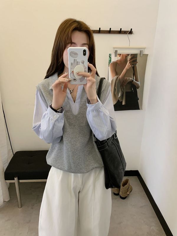 韩系减龄假两件拼接条纹Polo领上衣女装秋季新款大码宽松小衫卫衣|undefined