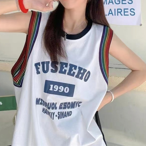 American Basketball Uniform Sleeveless Sports Vest Women's Summer Outer Wear Loose Ins Street Style Design Sexy T-Shirt Top