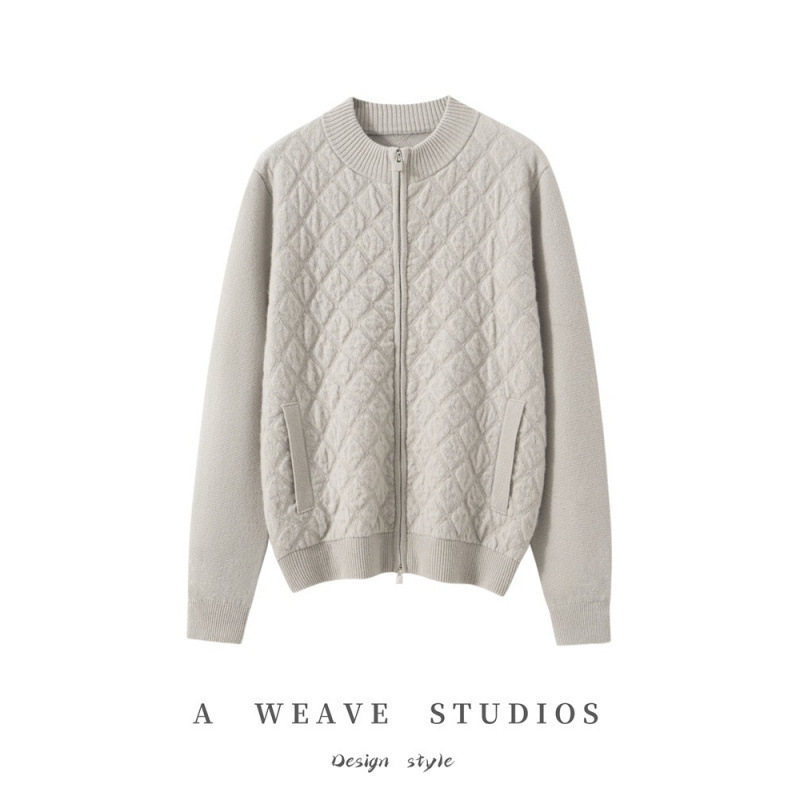 2025 Autumn and Winter New Style 100% Cashmere Thickened Round-Neck Knitted Cardigan with Double Zipper and Diamond-Shaped Pockets