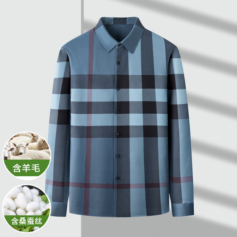 2025新款羊毛桑蚕丝衬衫时尚长袖青年格纹磨毛开衫男士商务衬衣上