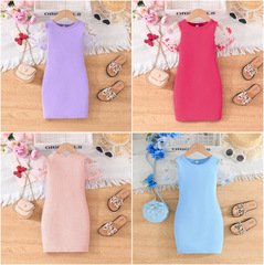 跨境2024夏季純色時尚百搭圓領淑女小童新款一件代發