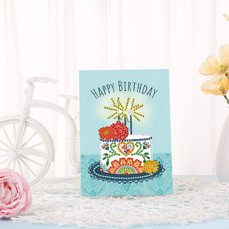 Nueva tarjeta de felicitación de pintura de diamantes bricolaje regalo de cumpleaños creativo conjunto de deseos dibujos animados material hecho a mano pegatinas en stock