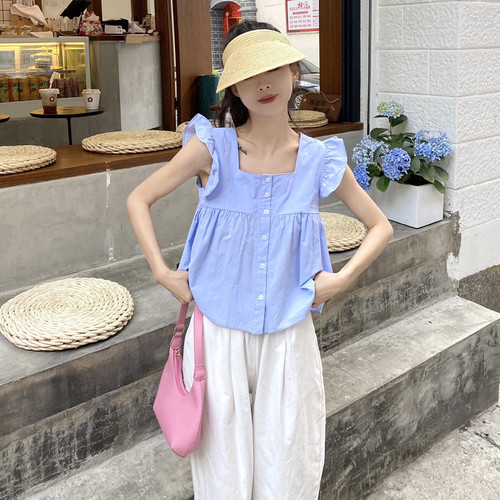 2025 French ruffled flutter sleeves shirt women's summer design sense niche square neck vest small size top summer 