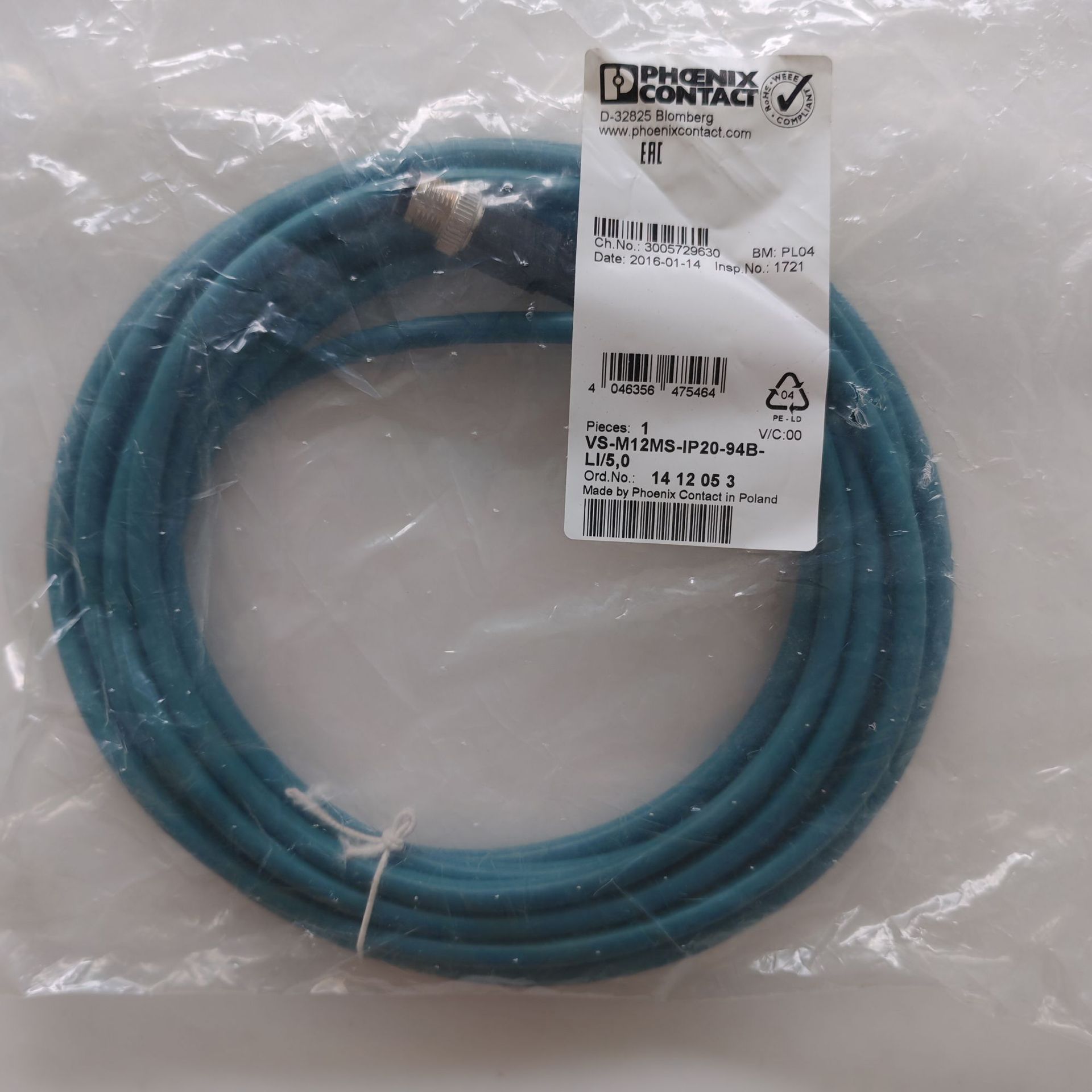 现货原装菲尼克斯网络电缆  VS-M12MS-IP20-94B-LI/5,0  1412053