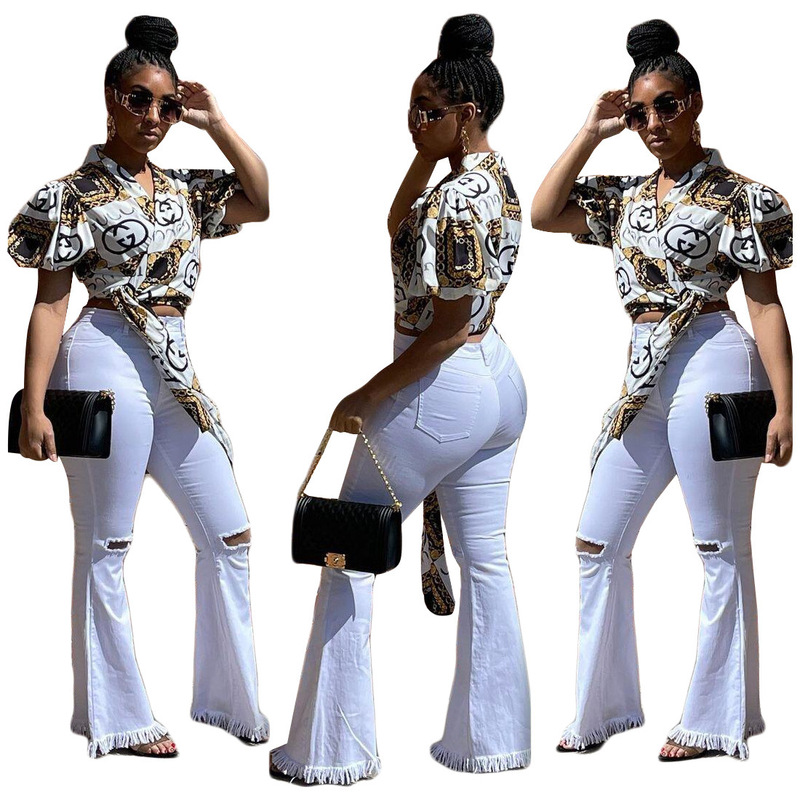 J2466 European and American Cross-Border Women's Summer Short-Sleeved Knotted Digital Printed Casual Shirt Loose Ready Stock