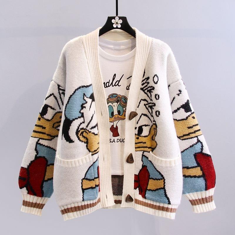 Japanese Style Cartoon Sweater Jacket for Women Autumn and Winter 2023 New Style Lazy Style Loose Outer Wear Versatile Thickeneded Knitted Cardigan