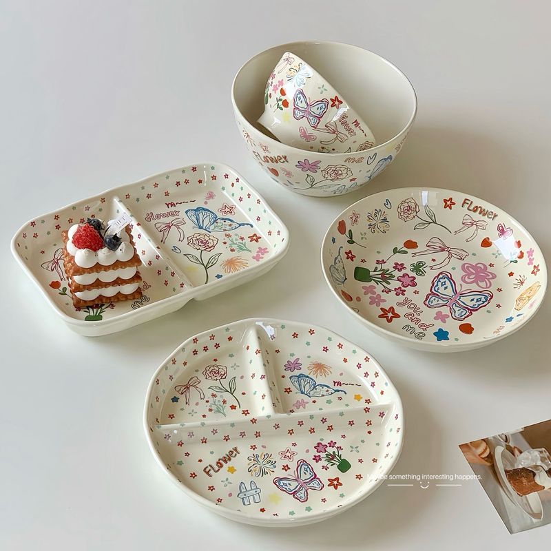 High-Value Ceramic Plates and Bowls, Ins-Style High-Value Household Single-Serving Tableware, Dessert Bowls, Salad Plates, Divided Plates