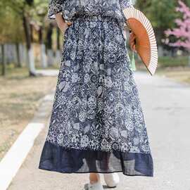 2025夏季新款苎麻双层半身裙女文艺潮流印花百搭松紧腰宽松大摆裙