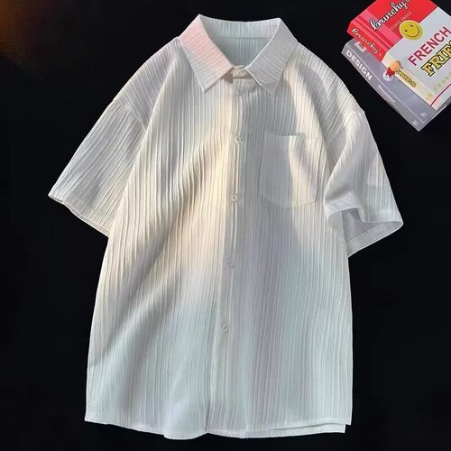 Textured Striped Short-Sleeve Shirt for Men - Summer Large Size - High-End Casual Iridescent Five-and-a-Half-Sleeve Fashion Top