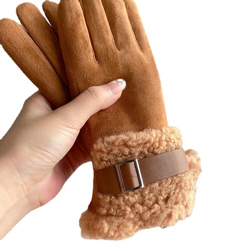 Leather buckle decorated suede finger gloves for women in autumn and winter plus velvet and thickening to keep warm and cold-proof touch screen riding electric bike