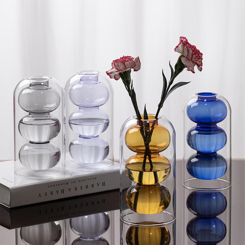 Nórdico creativo vidrio de color pequeño jarrón ins estilo decoración simple sala de estar arreglo floral flor seca agua transparente nutritiva boca fina