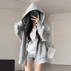 早秋灰色外套女2025新款春秋季宽松慵懒薄款休闲开衫上衣连帽卫衣
